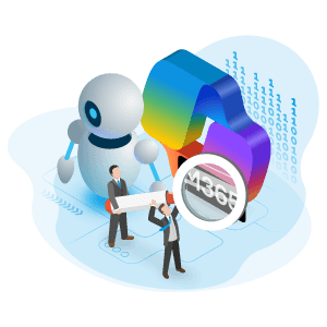 Isometric illustration of an AI robot beside a Microsoft 365 ribbon, with two people inspecting an M365 badge through a magnifying glass